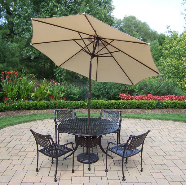 Picture of Rose Cast Metal 7 Pc. Dining set with 46-inch Round Table, 4 Durable Cast Aluminum Structured Stackable Chairs, 9 ft. Tilt & Crank Metal framed Umbrella, and Stand  - Antique Bronze